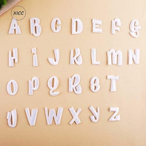 XICC Small Size White 26 English Letters Iron on Embroidery Patches Sewing Name Clothes Decorative Accessories Stickers Chapter