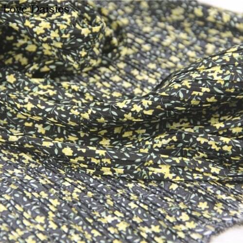 Black Yellow Small Flower 100% Polyester Pleated Thick Chiffon Drape Fabric for Autumn DIY Clothes Handwork Dress Blouse Tissue