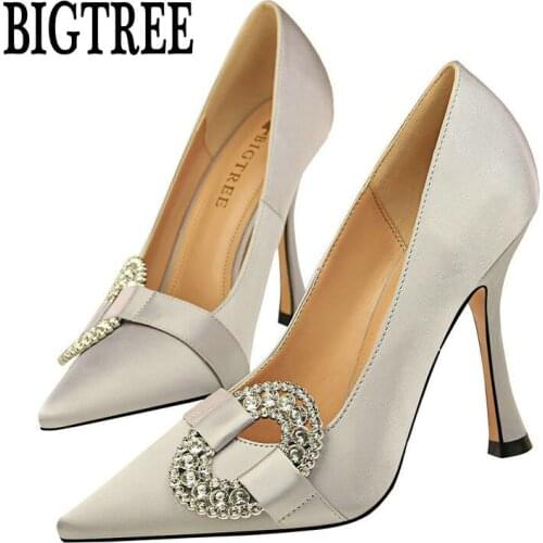 BIGTREE Fashion Crystal Metal Square Buckle Women Pumps Soft Silk High Heels Shoes Sexy Pointed Toe Shallow Womens Party Shoes