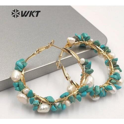 WT-E607 Wholesales gold handmake wire wrapped gravel stone earrings lady fashion tiny natural stone