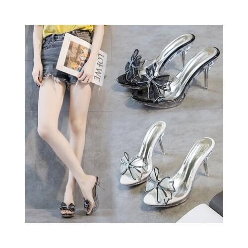 Women Shoes 2020 Diamond Bowknot Transparent Slippers Clear High Heeled Outdoors Crystal Women Mules Shoes Clear Open Toe Slide