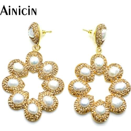 Hollow Out Sunflower Shape Stud Earrings Natural Freshwater Pearls Champagne Rhinestone Crystal Paved Fashion Women Jewelry