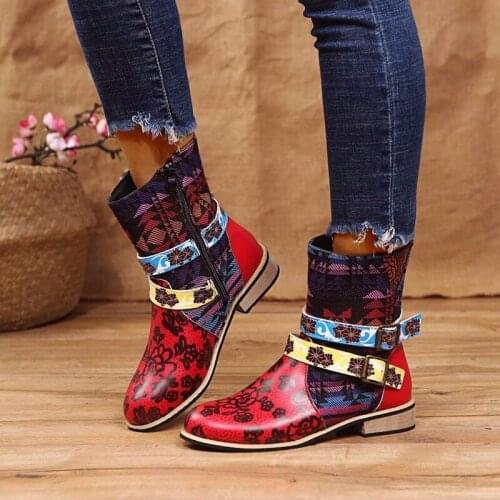 Women Zipper Ankle Boots Vintage Pu Leather Shoes Low Square Heel Fashion Boots Warm Big Size Cowboy Boots Bota Feminina