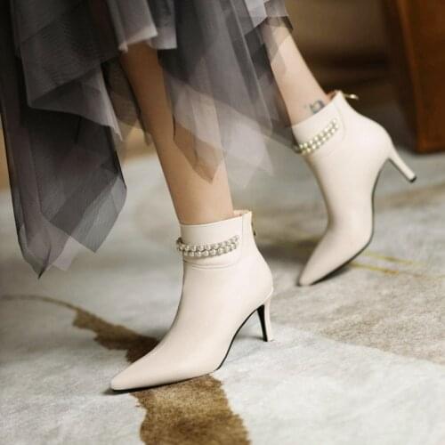 Elegant String Bead Pearls Rhinestone Chain Woman Boots Stiletto High Heels Autumn Winter Booties Woman Black Beige Shoe Size 45