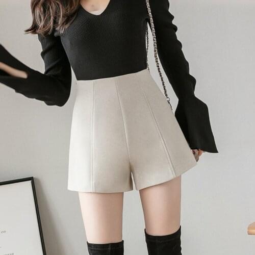 High Waist Woolen Shorts For Women Autumn Winter Side Zipper Wide Leg Simple Short Feminino Solid Slim Mini Shorts Woman Sexy