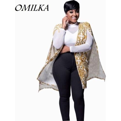 OMILKA Cape Blazer 2017 Women Floral Printed Blazers and Jacket Fashion Long Sleeve ALL EYES ON ME Gold Cape Blazer Workwear