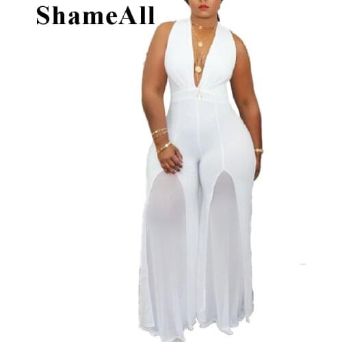 Plus Size Halter Sheer Mesh Insert Flare Pants Jumpsuits 4XL Street Sexy Deep V Neck Transparent Club Playsuit Wide Leg Romper