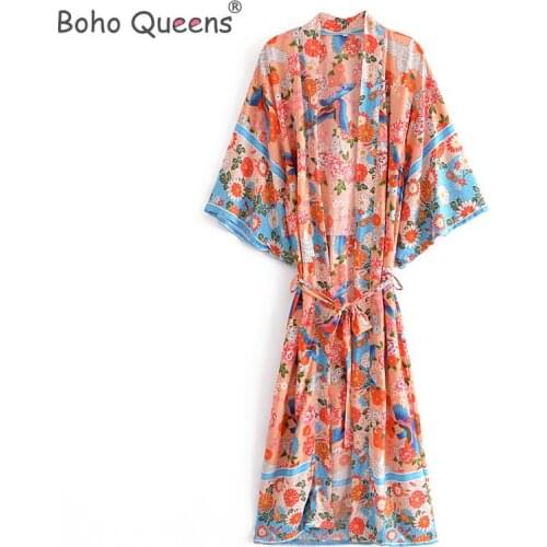 Boho Queens women floral print bat sleeve beach Bohemian kimono dresses robe Ladies V neck Tassel Summer Boho bikini cover-ups