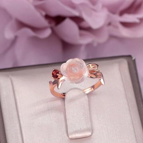 Natural Gemstone Ring Rose Flower 925 Sterling Silver Rings for Women Rose Quartz Pink Romantic Fine Jewelry Anillos CCRI025