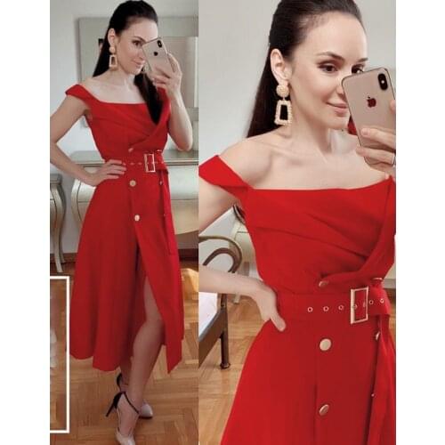 2020 Euramerican Spring Summer New Fashion Slash Neck Double Breasted Belt Medium Style High End Elegant High Quality Dress