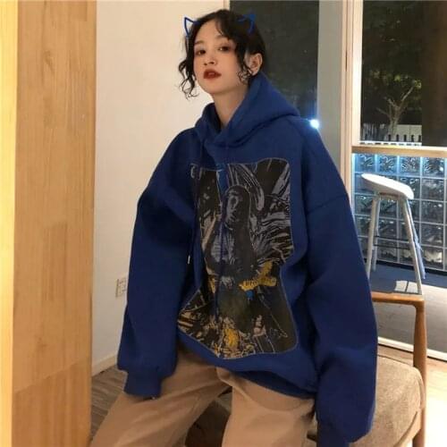 Winter Korean Large size loose graffiti painted print velvet hoodie harajuku clothes top women long-sleeved hedging sweater lime