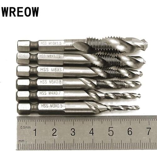 WREOW 1PC HSS Metric Hex Shank Combination Drill Bit Screw Tap Spiral Screw Tap Drill Spindle Point Twist Drill Center Screw