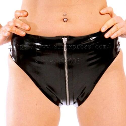100% handmade womens latex briefs with front zipper decoration in solid black color