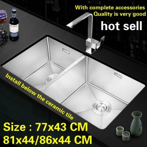 Free shipping Hot sell food-grade 304 stainless steel big kitchen manual sink double groove wash the dishes 77x43/81x44/86x44 CM
