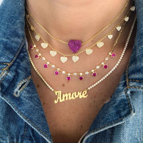 Gold Metal Color Red Blue Green White Heart Drop Charm CZ Station Link Chain Choker Necklace For 2021 Valentines Day Gift