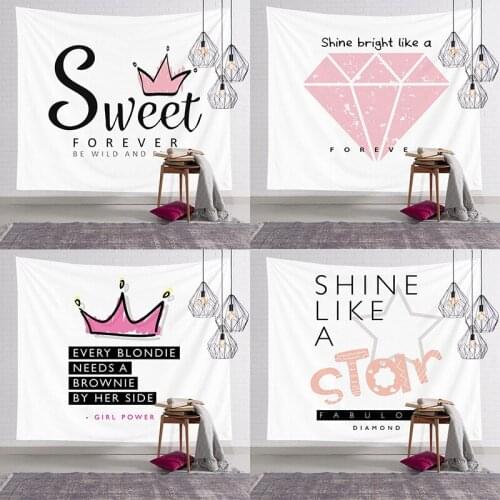 Pink Peach Skin Tapestry Wall Hanging Crown Diamond Letters Star Tapestry Wall Carpet Table Cloth