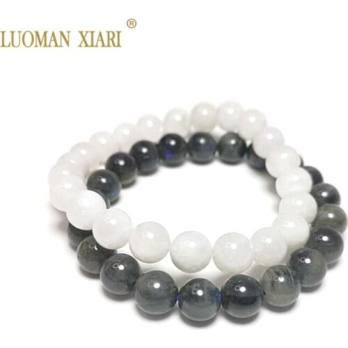 Fine Natural Round Stone Beads Bracelet White Moonstone Black Labradorite Beads Bracelet For Lovers Couples 6mm 8mm
