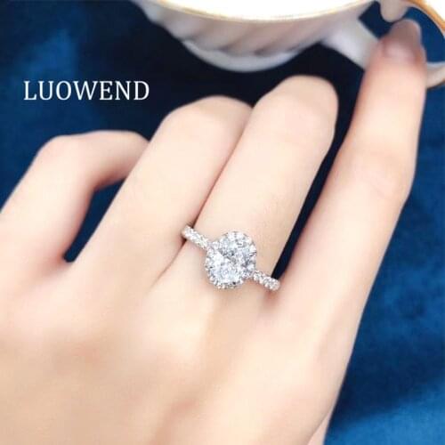 LUOWEND 100% 18K White Gold AU750 Wedding Ring Classic Oval Shape 1.0 carat Moissanite Luxury Halo Rings for Women Engagement