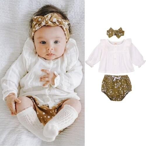 Daisy Print 3pcs Newborn Baby Girls Lovely Sets Clothes Suit Ruflles Long Sleeve Top+Floral Shorts+Headband Toddler Clothes