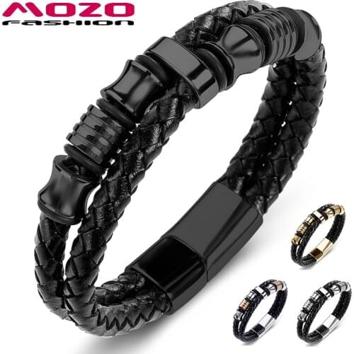 Fashion Bangle Men Jewelry Black Leather Braided Rope Chain Stainless Steel High Quality Bracelets for Male Party Gifts 067