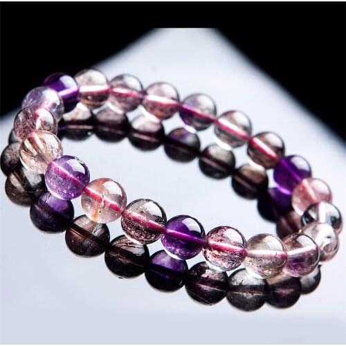 Genuine Natural Purple Rutilated Quartz Gems Super Seven Melody Stone Crystal Round Bead Stretch Bracelet 9.5mm