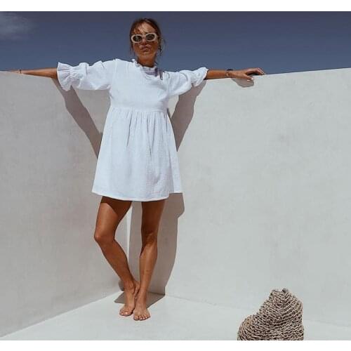 Muiches Casual Stand Collar Flare Sleeve Ruffles Mini Dress Woman Loose High Waist Sweet Cotton White Holiday Dress 2021 Summer