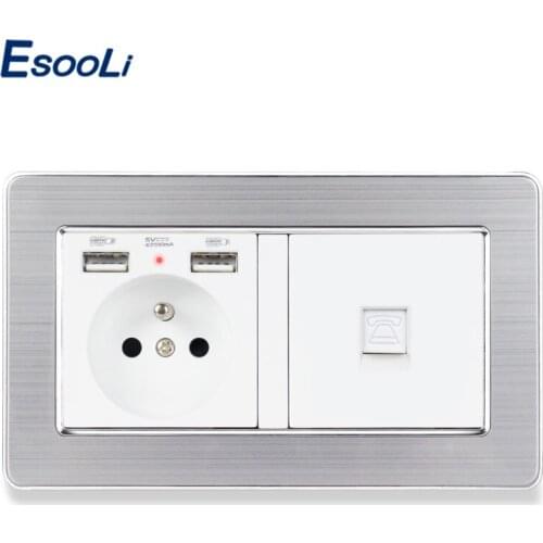 ESOOLI Stainless Steel Brushed Silver Frame French Standard Socket with 2 USB +1 Gang RJ11 2 Core Telephone Connector Connector