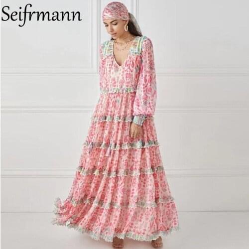 Seifrmann New 2021 Autumn Women Fashion Designer Holiday Long Dress Lantern Sleeve High Waist Loose Ruffles Cake Dress Vestidos