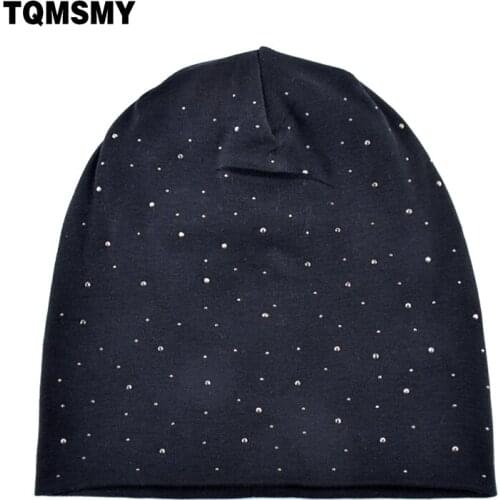 TQMSMY Autumn Womens Rhinestones Slouchy Beanie hat Casual Plain Color Cotton Hat For Women Bonnet Female Skull Beanies TMDH47