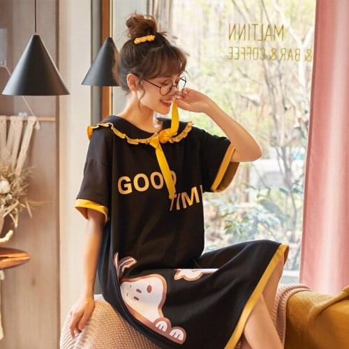 Womens Nightdress Cotton Thin Short Sleeve Loose Lovely Sweet Females Pajamas Black Colour Nightgowns Set