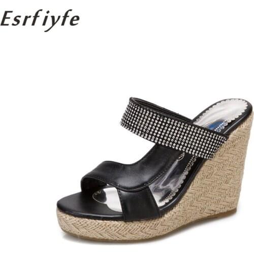 ESRFIYFE 2021 New Summer Peep Toe Platform Wedge Slippers Shoes Women Fashion High Heel Bling Hollow Out Female Shoes Women