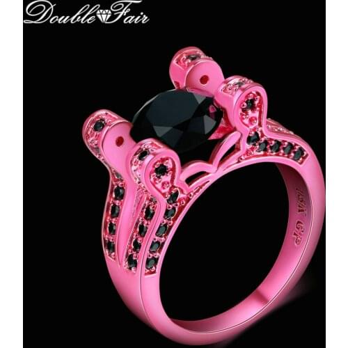 Double Fair New Special Round Shape Pink Rose Gold Color Rings Sets Black Cubic Zirconia Fashion Party Jewelry For Women DFDD043