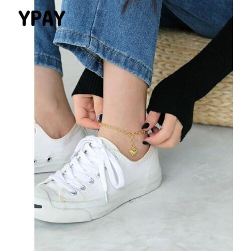 YPAY Genuine 100% 925 Sterling Silver Anklets for Women Girl Korea Vintage Romantic Heart Chain Anklet Fine Jewelry Gifts YMA044