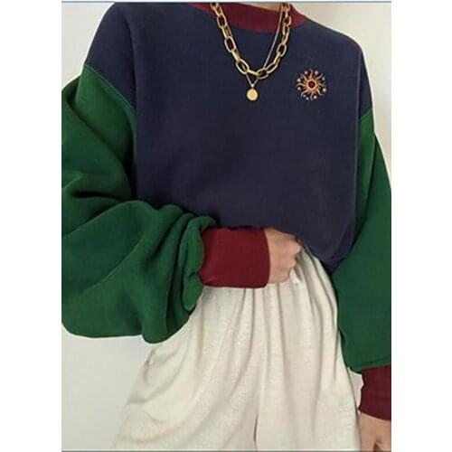 Womens Fall 2021 Casual Fashion Patchwork Jacket Sweater Green Long Sleeve Knitwear Female New Korean Y2k Pullover Sweatshirt