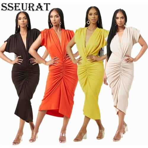 SSEURAT Women Solid Deep V Neck Short Sleeve Long Dress Sexy Summer Club Wear Female Vestidos