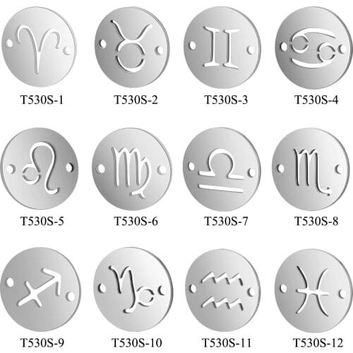 12pcs/Lot Stainless Steel Round Whole Twelve Zodiac DIY Constellation Two Holes Connectors Charms Jewerly Making Accessories