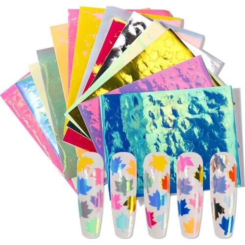 16pc of 1 Set Aurora Holographic Nail Art Sticker Decals Laser Maple Leaf/Snowflake Nail Sticker With Back Glue Accessories Tr89