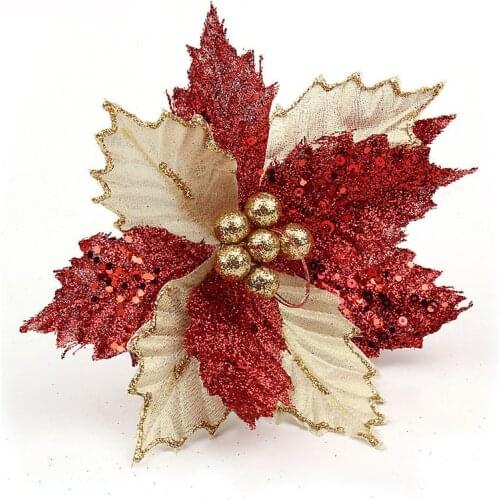 22cm Flash Powder Gold Red Blue Artificial Flowers Christmas Tree Decoration Xmas Wedding Party Home New Year Birthday Supplies