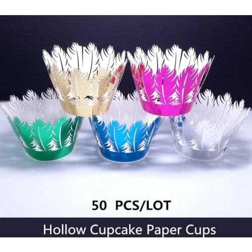 50PCS/LOT High-grade Reflective Cookies Cupcake Paper Cups hollow-carved design Feather lace Tray Cake Mold Kitchen Accessories