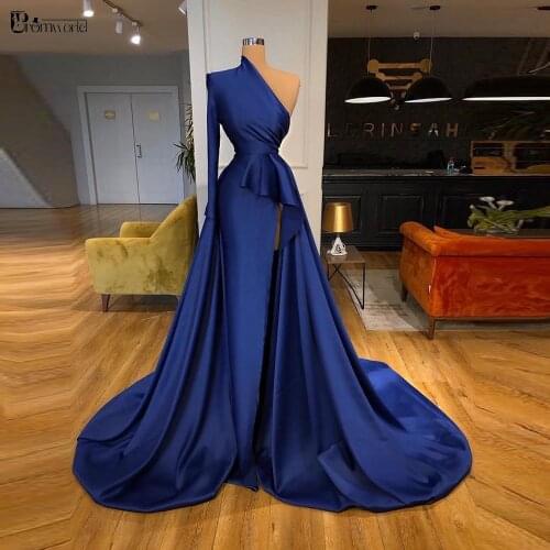 Abendkleider 2021 Moroccan Kaftan Muslim Evening Dresses Mermaid Long Sleeve Satin Arabic Dubai Royal Blue Formal Gowns Vestidos