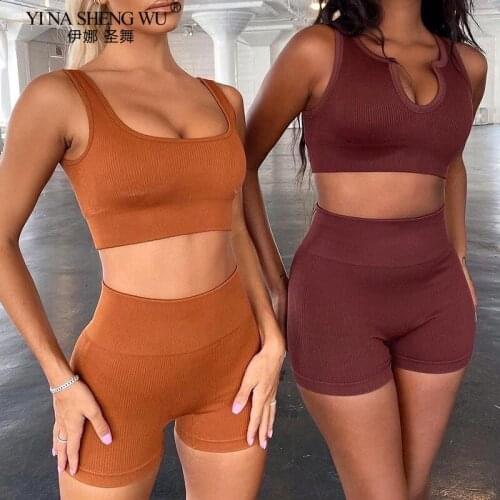 Seamless Yoga Sets Women 2 Piece Set Women Workout Clothes Featured Neckline Top Seamless Biker Shorts Active Wear Sport Clothes
