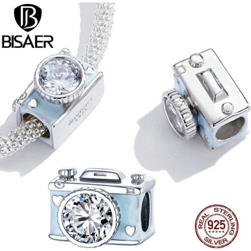 BISAER Camera Photograph Beads 925 Sterling Silver Shiny Zircon Blue Charms Fit DIY Women Bracelet Necklace Pendant EFC264