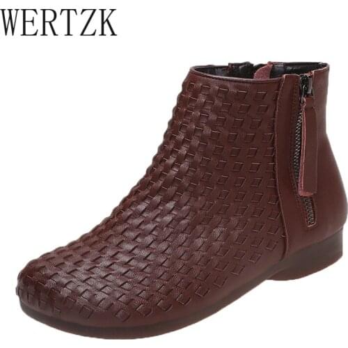 2021 Boots Women Short Boots Woven Cowhide Flat Casual Shoes Autumn and Winter Flat Ankle Boots Brown Black Ladies Boots
