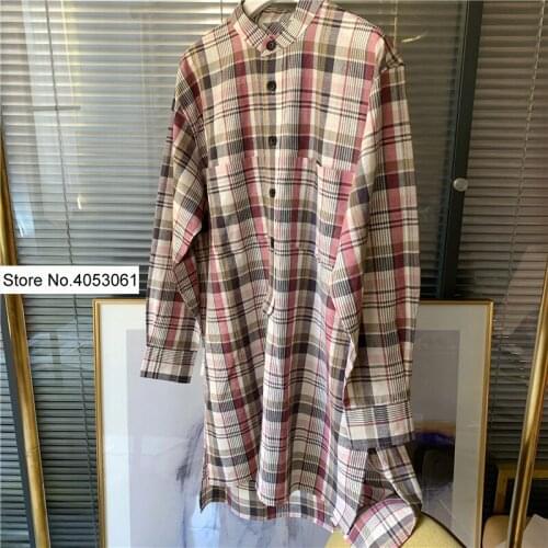 Elfbop Women Linen Cotton Contrast Gingham Checkered Plaid Casual Short Dress With Long Sleeve & Standing Collar