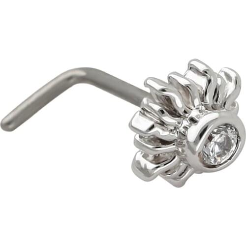 JHJT MUSI 20G Nose Studs G23 Titanium L Shaped Bend Sun Flower Cubic Zirconia Nose Ring Nose Piercing