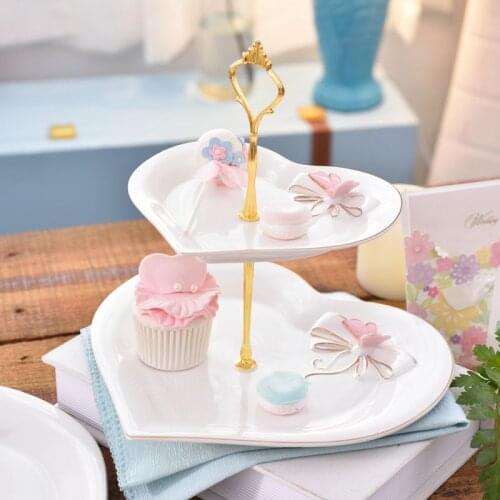 24k Hand-painted Gold Ceramic Tray Heart-shaped Dish Double-layer Cake Plate Fruit Plates Dessert Wedding String Plate Afternoon