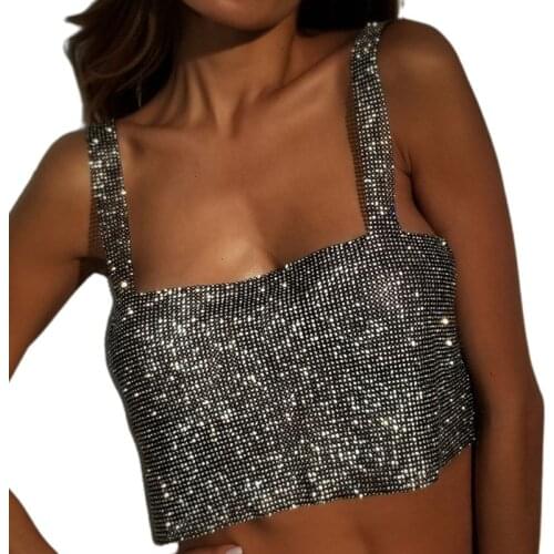 Women Sexy Off Shoulder Crop Tank Top Shiny Rhinestone Metal Diamond Vest Backless Dancing Party Jewelry Clubwear