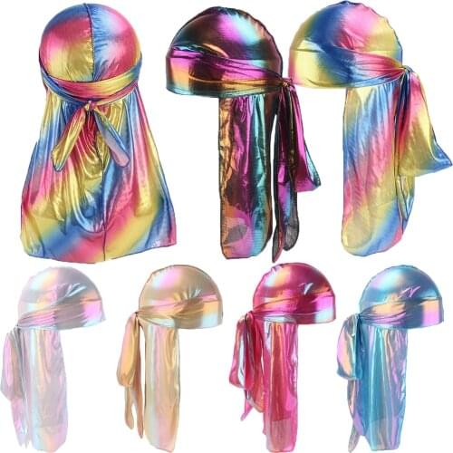 Fashion Mens Women Sparkly Silk Durag Bandana Headwear Colorful Wide Doo Rag Tail Headwrap Headwea Bonnet Cap