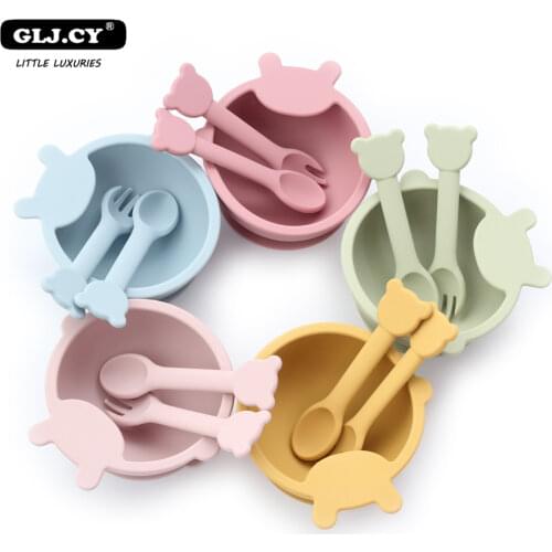 Baby Silicone Feeding Tableware Set BPA Free Children Non-slip Dinnerware Anti-hot Training Suction Plate Bowl Spoon Fork