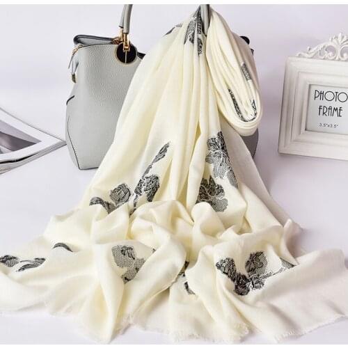 New 2021 Brand 100% Wool Scarf Shawl Women Warm Shawls and Wraps for Ladies Pashmina Solid Winter Embroidery Floral Wool Scarves